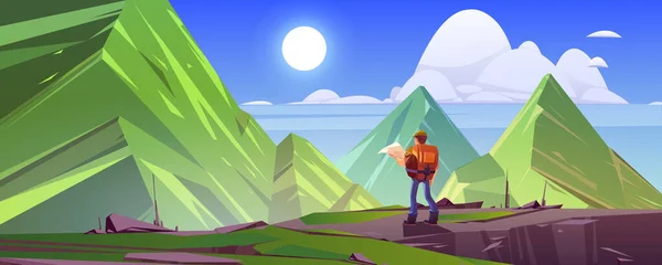 Paisagem montanhosa com caminhante homem com mapa —  Vetores de Stock