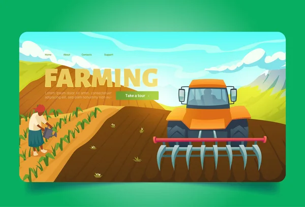 Bannière agricole avec tracteur avec charrue sur champ — Image vectorielle