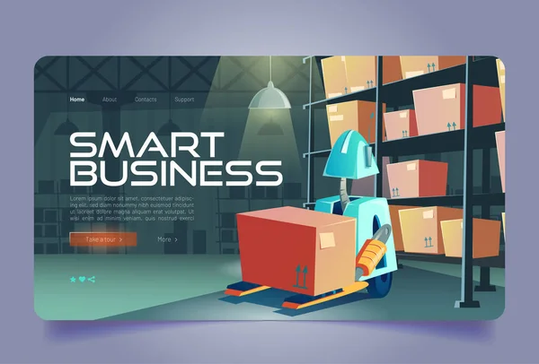 Smart business cartoon atterraggio con carrello elevatore robot — Vettoriale Stock
