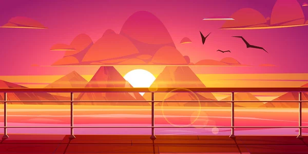 Sunset in ocean, mountains view from ship deck — Stock Vector