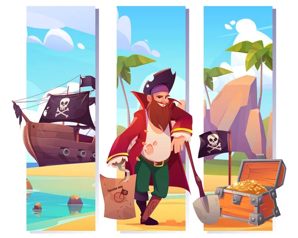 Marcadores con pirata, cofre del tesoro y barco — Vector de stock