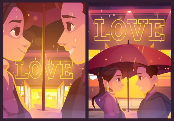 Love posters with couple under umbrella in rain — Stock Vector