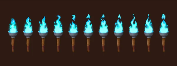 Égő tűz a régi fáklya animációs sprite — Stock Vector
