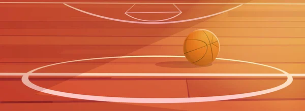 Basketbal ležící na dřevěné podlaze tělocvičny — Stockový vektor