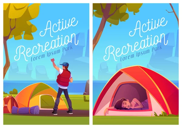 Actieve recreatie cartoon posters, toeristen op cam — Stockvector