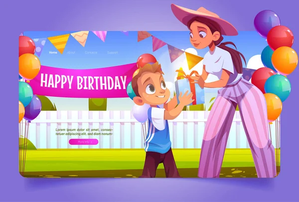 Happy birthday banner with woman give gift box boy — Stockový vektor