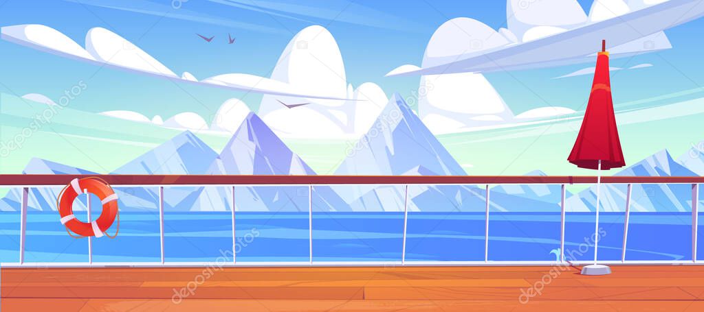 View from cruise ship deck to sea with mountains