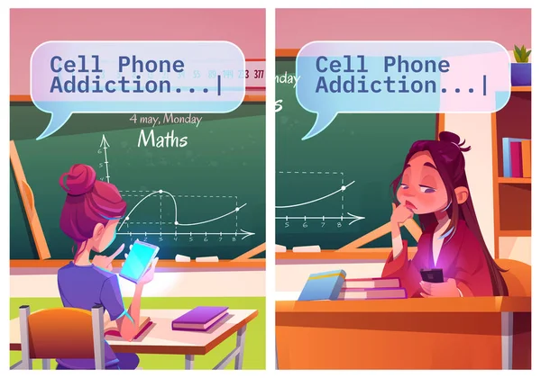 Cell phone addiction posters, boring school girl — Stock Vector