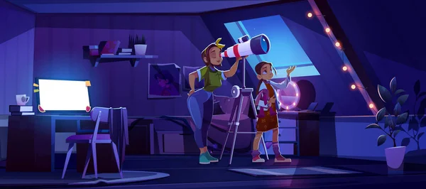 Mãe e filha olham no telescópio do sótão — Vetor de Stock