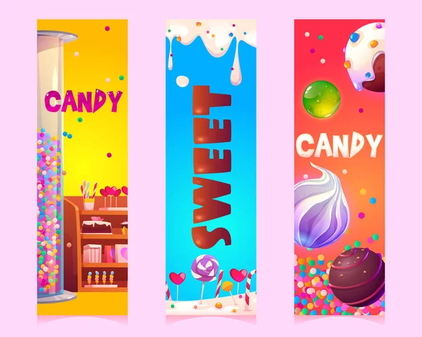 Süßigkeiten und Bonbons Cartoon vertikale Banner Set — Stockvektor