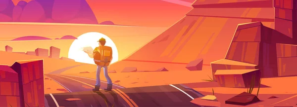Έρημος με δρόμο και άνθρωπος πεζοπόρος στο ηλιοβασίλεμα — Διανυσματικό Αρχείο