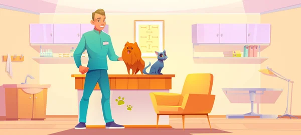 Armário de clínica veterinária com animais animais de estimação e médico — Vetor de Stock