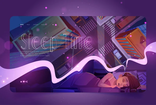 Sito web Sleep time con sonnellini donna e città — Vettoriale Stock