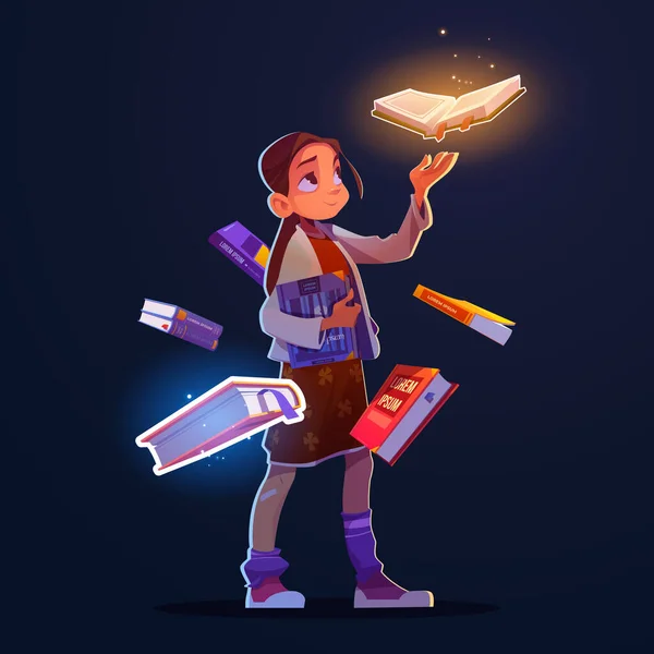 Meisje met vliegende boeken met magische gloed — Stockvector