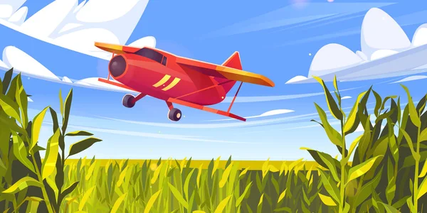 Yeşil mısır tarlasında uçan ilaçlama uçağı — Stok Vektör