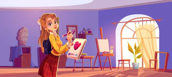 Peintre fille dans un atelier d'art avec toile et pinceaux — Image vectorielle