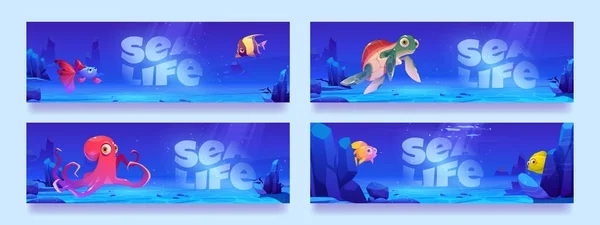 Αφίσες θαλάσσιας ζωής με ψάρι, χταπόδι και χελώνα — Διανυσματικό Αρχείο