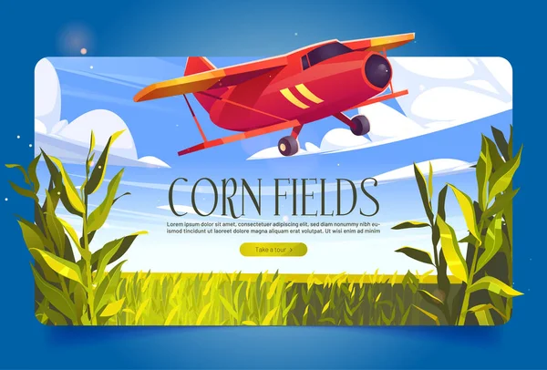 Кукурудзяні поля банер з рослинами і червоним літаком — стоковий вектор