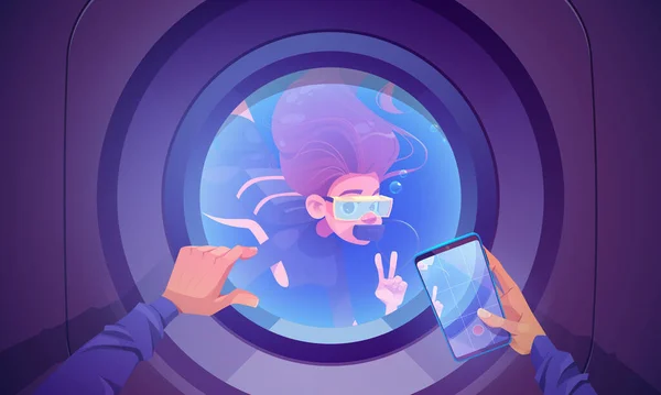 Underwater travel, diver look inside of porthole — Stock Vector