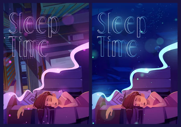 Poster del sonno con sonnellini donna e vede sogni — Vettoriale Stock