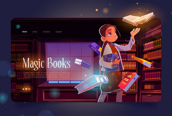 Magic books cartoon landing, young girl in library