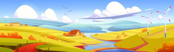 Paisaje rústico, prado, campo rural con río — Vector de stock