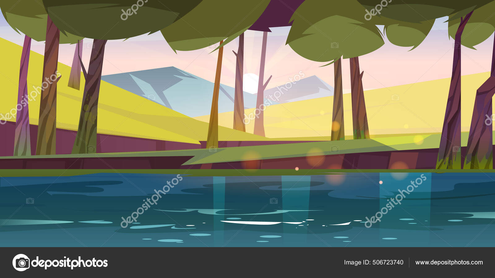 Cenário de floresta com lago e montanhas