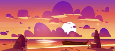 Alacakaranlık Denizi 'nde ahşap tekne, günbatımı deniz manzarası