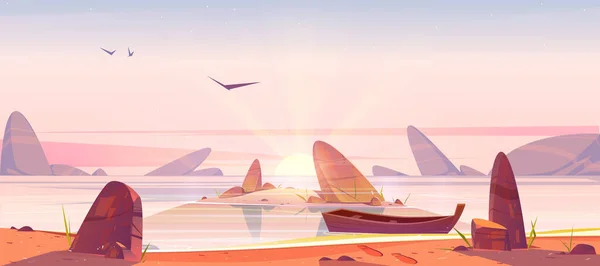Морской пляж со скалами и лодкой на восходе солнца — стоковый вектор