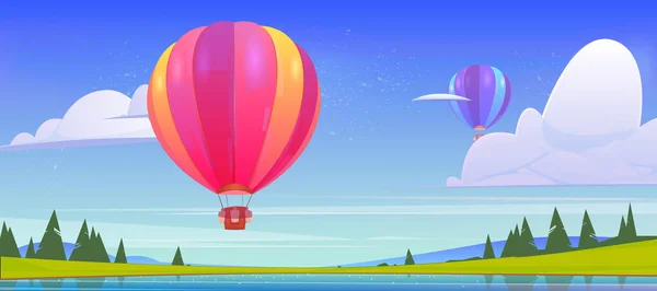 Hot air balloons flying above pond, field, rocks — Stock Vector