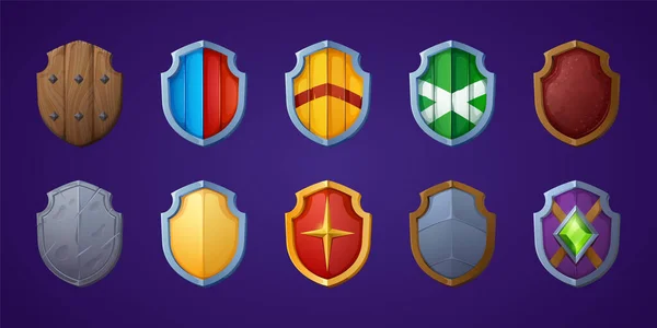 Набор игровых щитов мультипликационных средневековых доспехов — стоковый вектор