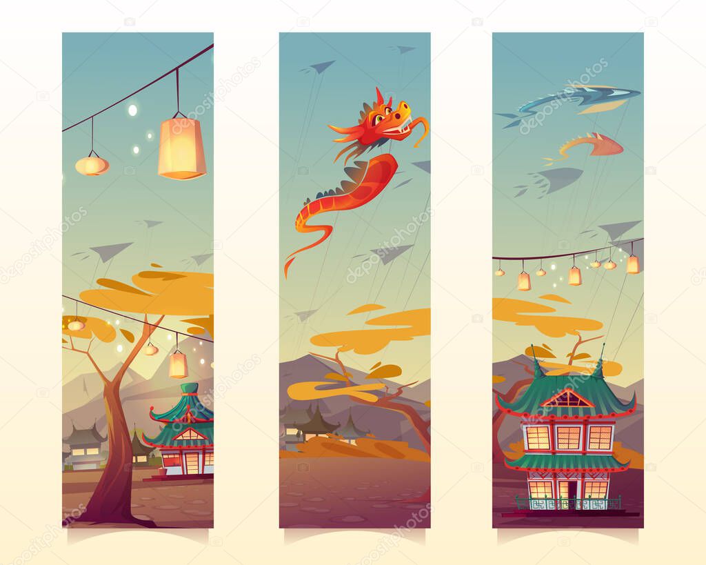 Chinese festival with lanterns and flying kites