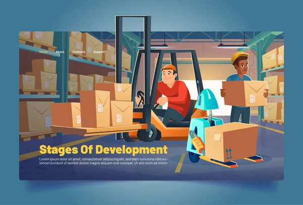 Trabajadores de almacén y cajas de carga de robots en bastidores — Vector de stock