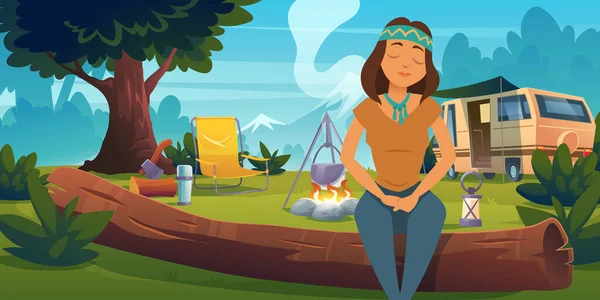 Hippie fille en camp forestier, femme jouissant de la nature — Image vectorielle