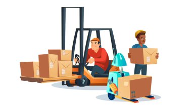 Depo personeli, forklift ve kutulu robot.