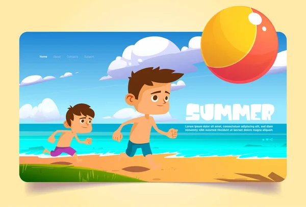 Banner de verano con niños juegan en la playa del mar — Archivo Imágenes Vectoriales