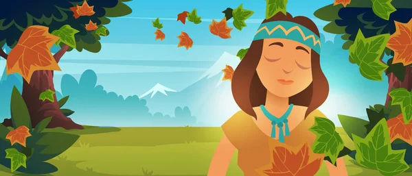 Native Indian American girl in autumn forest — Stock Vector