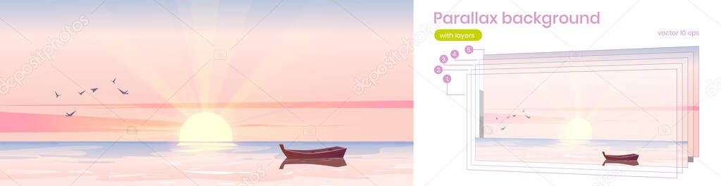 Parallax background with boat in sea at sunrise