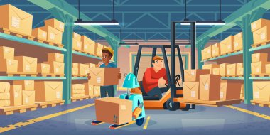 İşçi, forklift, robot ve kutularla dolu bir depo.