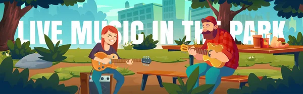Artistas tocam música ao vivo no banner dos desenhos animados do parque —  Vetores de Stock