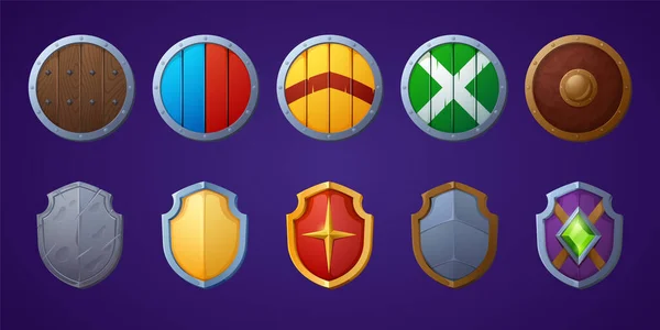Набор игровых щитов мультипликационных средневековых доспехов — стоковый вектор