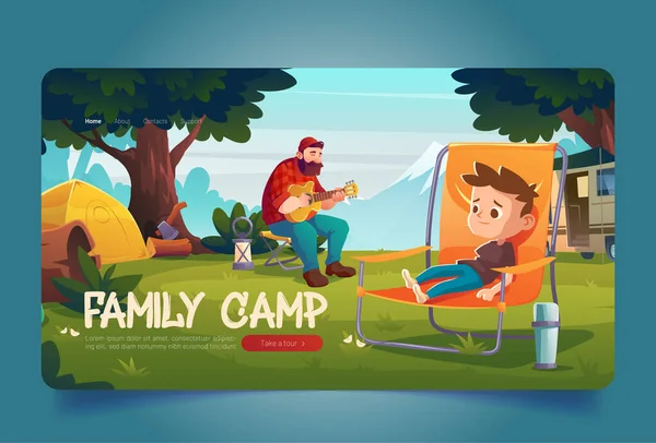 Familie kamp met tent en busje in bos — Stockvector