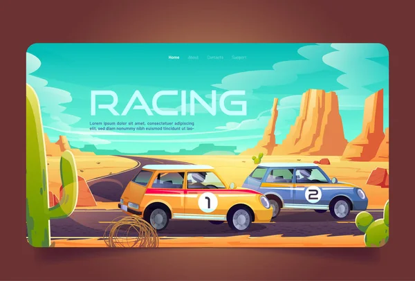 Racing in desert cartoon landing page, race cars — Stock Vector
