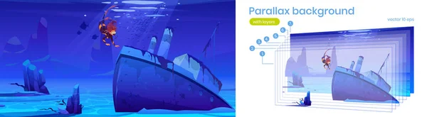 Parallax background with diver and sunken ship