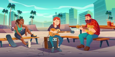 Sanatçılar şehir kaykay parkında canlı müzik yapıyorlar.