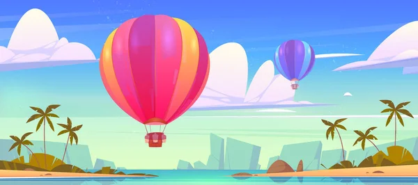 Hőlégballon repül az égen a trópusi sziget felett — Stock Vector