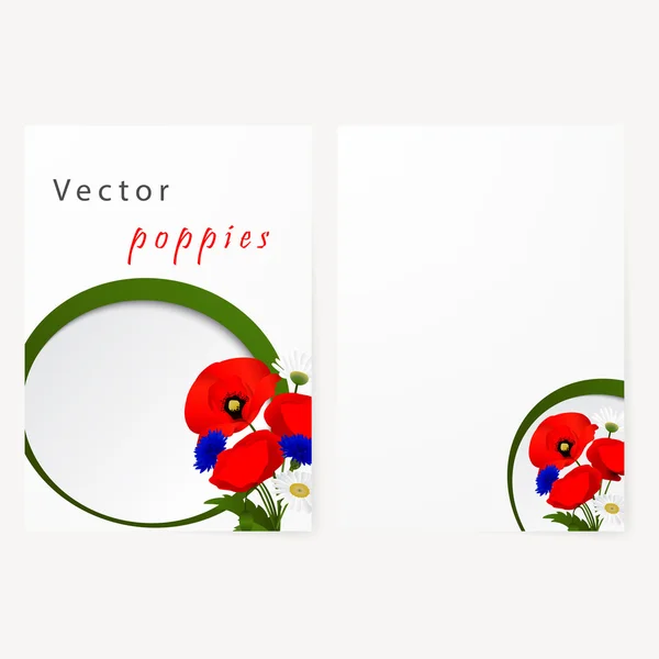 Tarjeta de plantilla con manzanilla, acianos y amapolas de flores rojas — Vector de stock