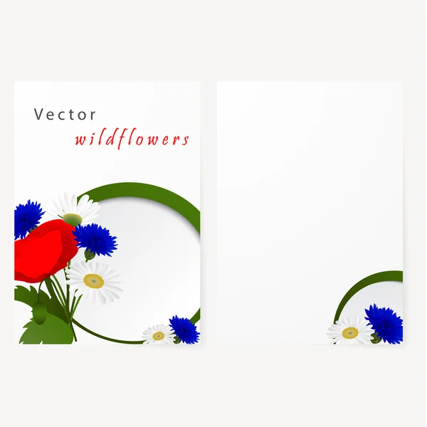 Karta šablony s květy heřmánku, chrpy a červený mák — Stockový vektor