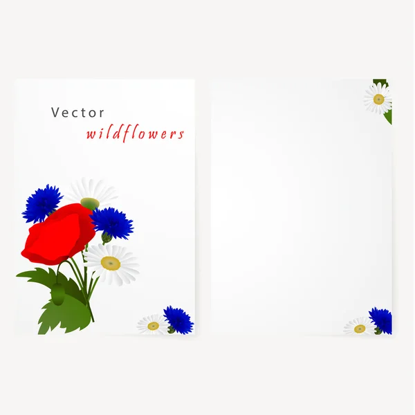 Schablonenkarte mit Blumen Kamille, Kornblumen und rotem Mohn — Stockvektor