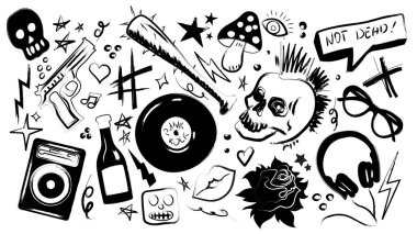 İsyancı punk rock karalama elementleri kafatasları, plak kayıtları, mantar ve yeraltı kültürü için mohawk. Siyah mürekkep çizimleri, silah ve şişe, hoparlör, kalpler ve yıldızlar. Alternatif müzik simgeleri